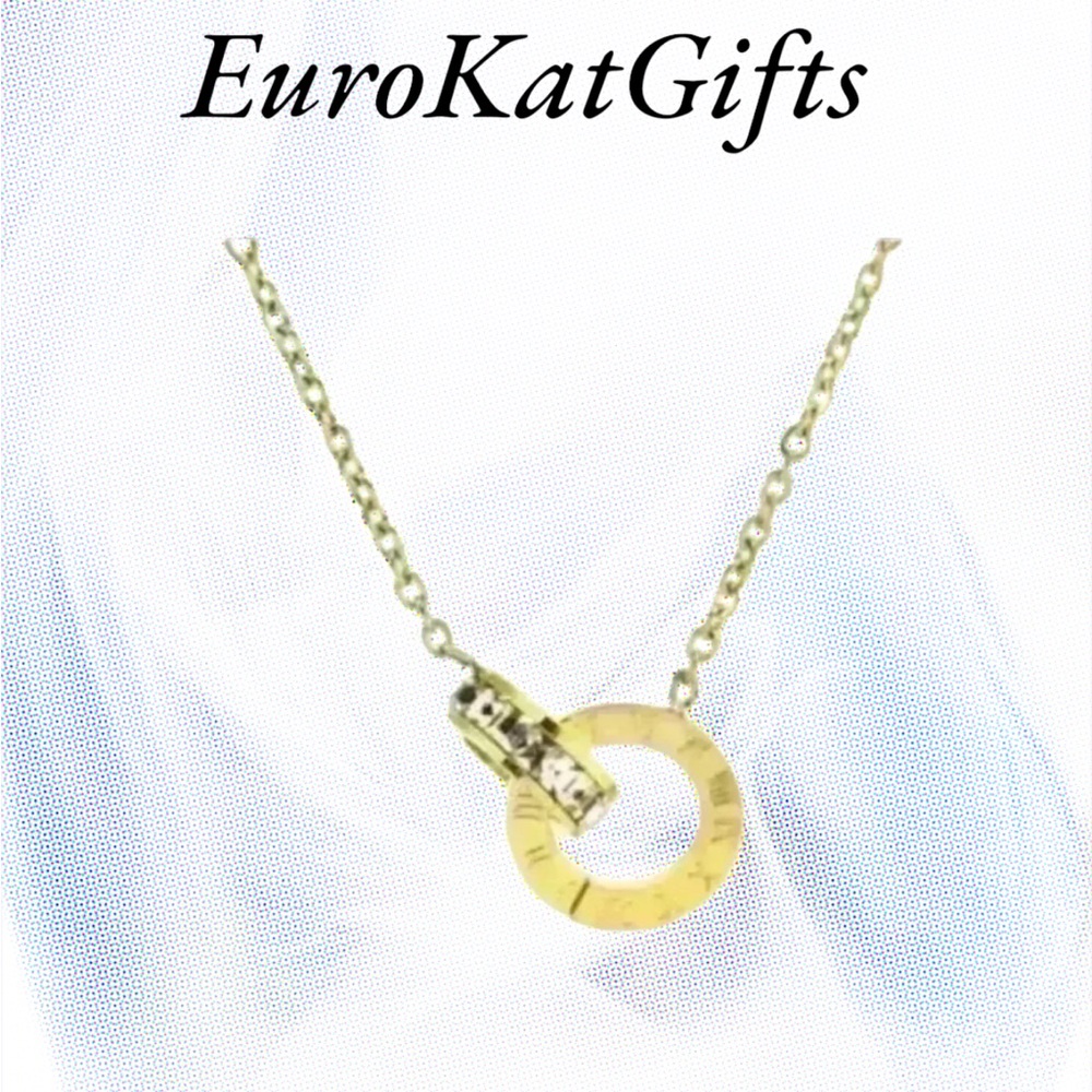 GOLD Plated 18k Stainless Cubic Zirconia Roman Numeral Pendant Necklace NEW 18”